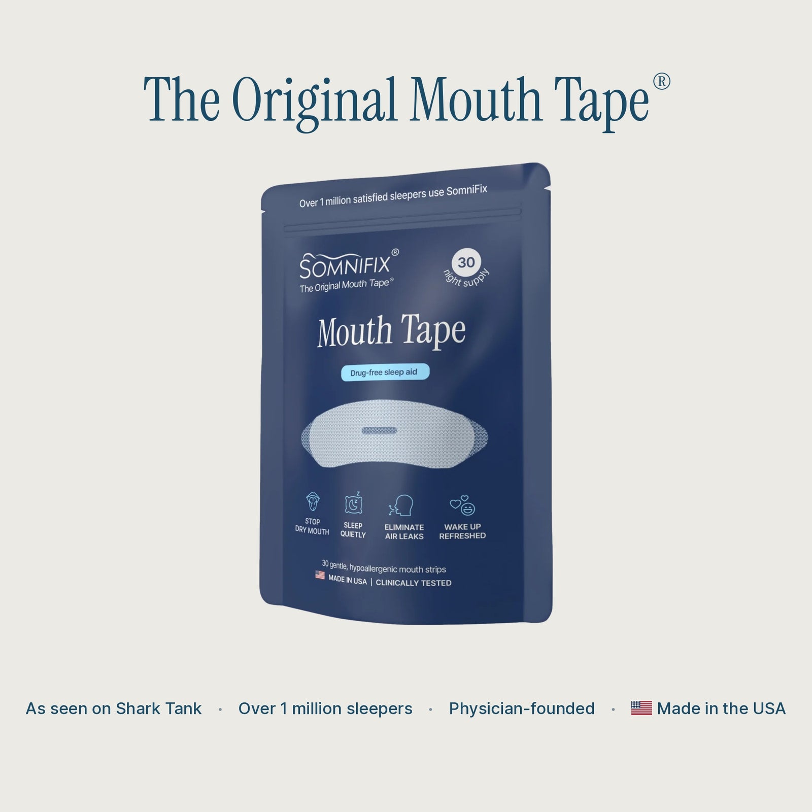 SomniFix, The Original Mouth Tape. Physician-founded in 2017, as seen on Shark Tank, over 1 million sleepers, made in the USA.