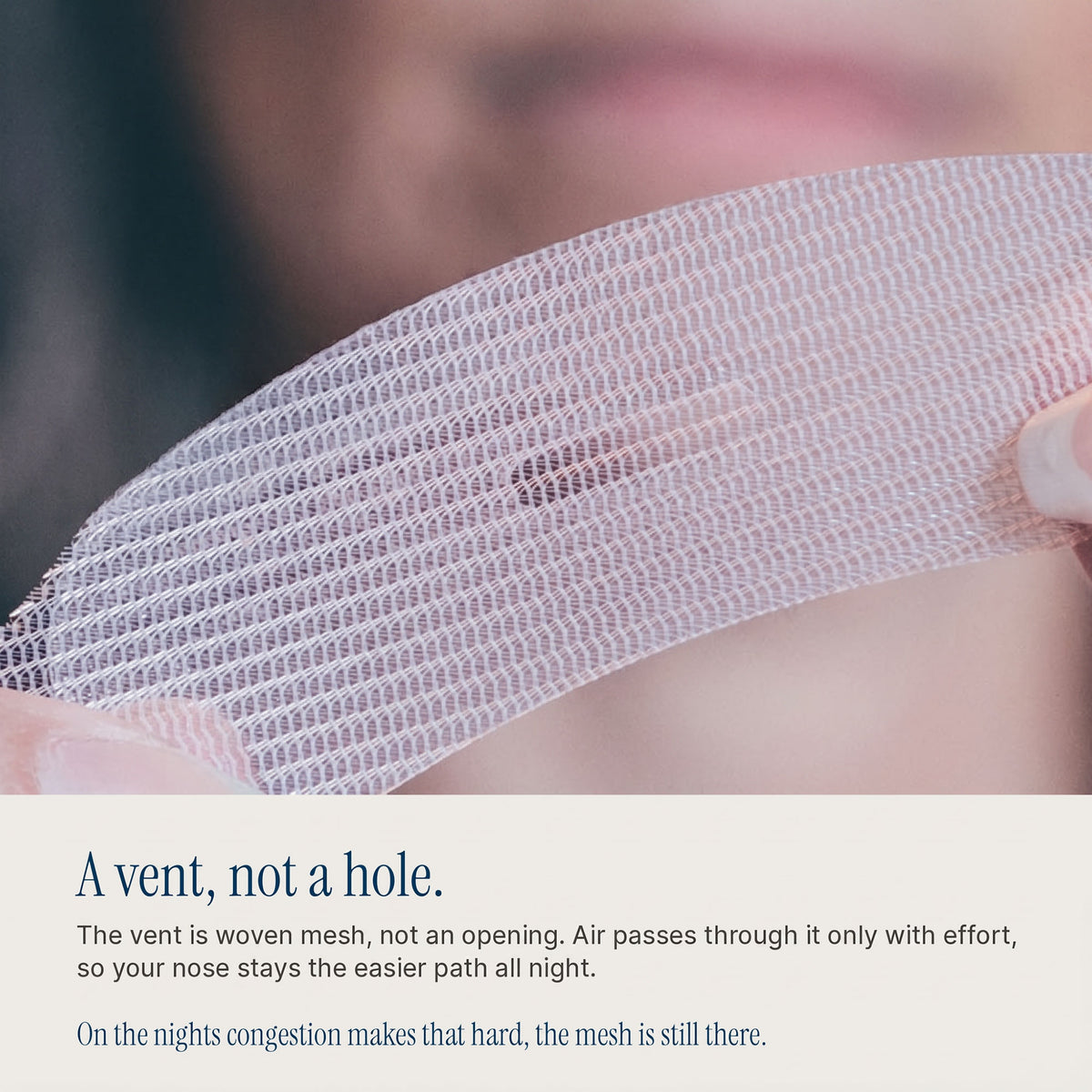 Close-up of the SomniFix patented breathing vent, woven mesh rather than an open hole, so air passes only with effort.